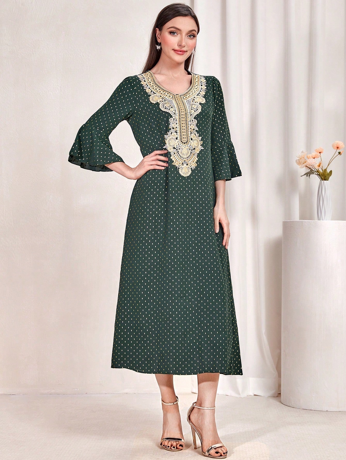 SHEIN Najma Appliques Flare Sleeve Dress