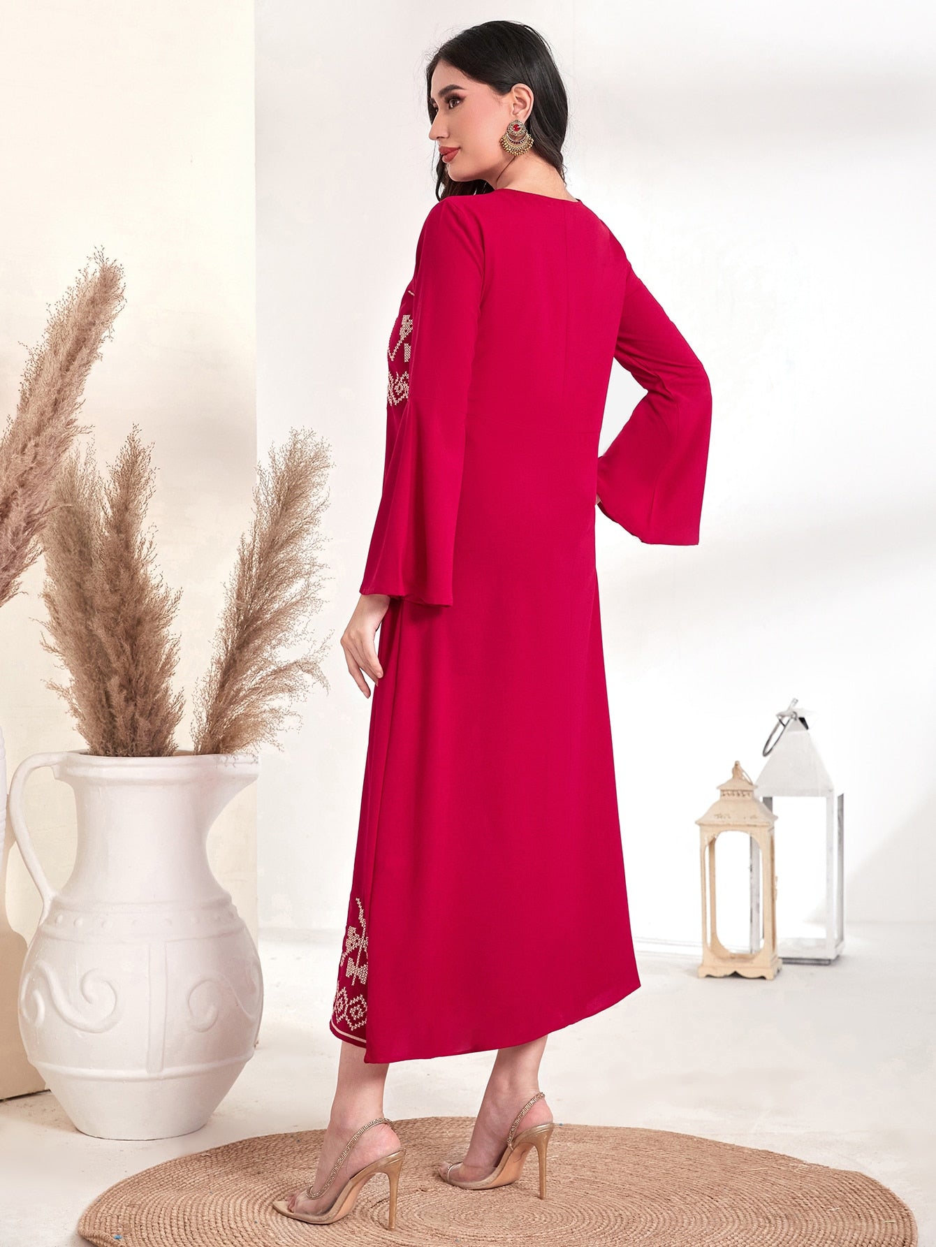 SHEIN Najma Floral Pattern Trumpet Sleeve Tunic Dress