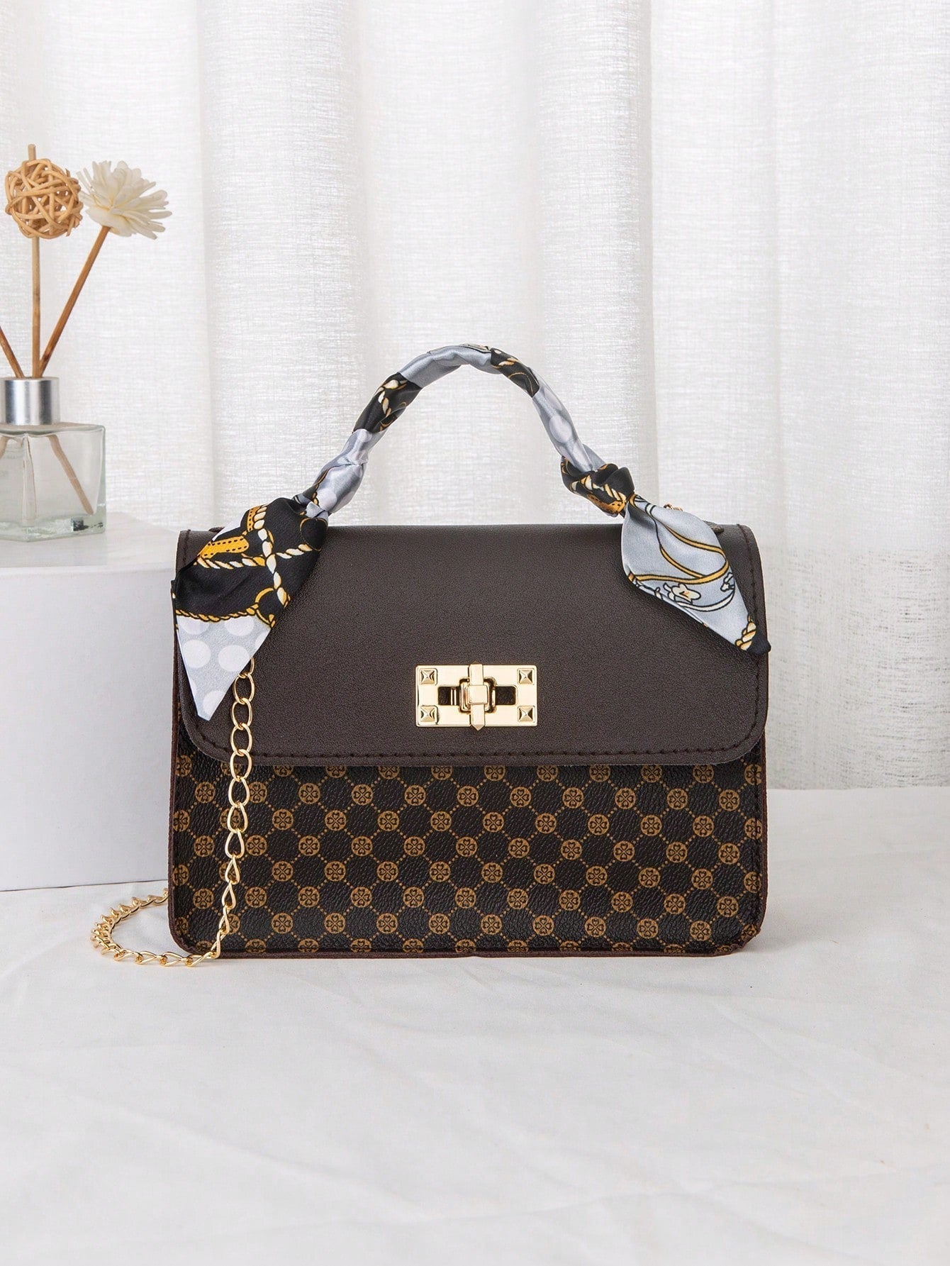 Vintage Retro New Fashion Polka Dots Shoulder Bag with Chain Strap, Scarf & Square Shaped Purse