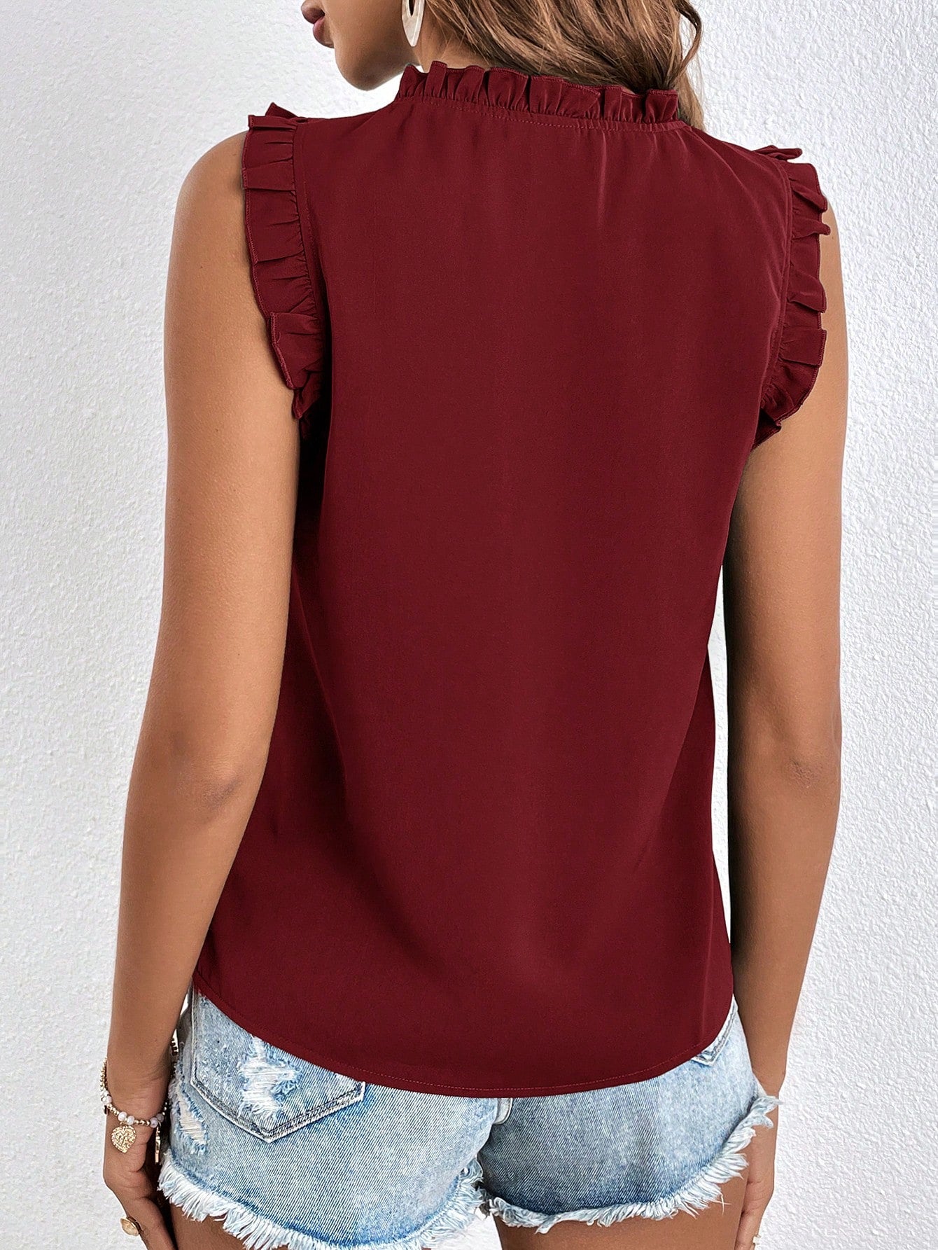 SHEIN Frenchy Tie Neck Ruffle Trim Blouse