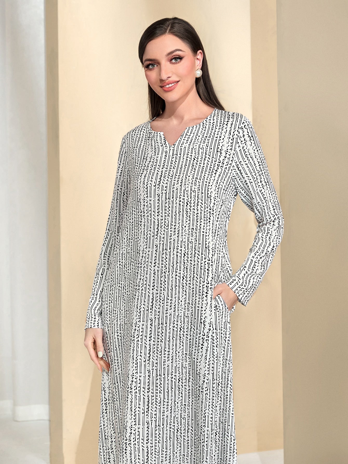 SHEIN Najma Striped Notched Neckline Hidden Pocket Dress