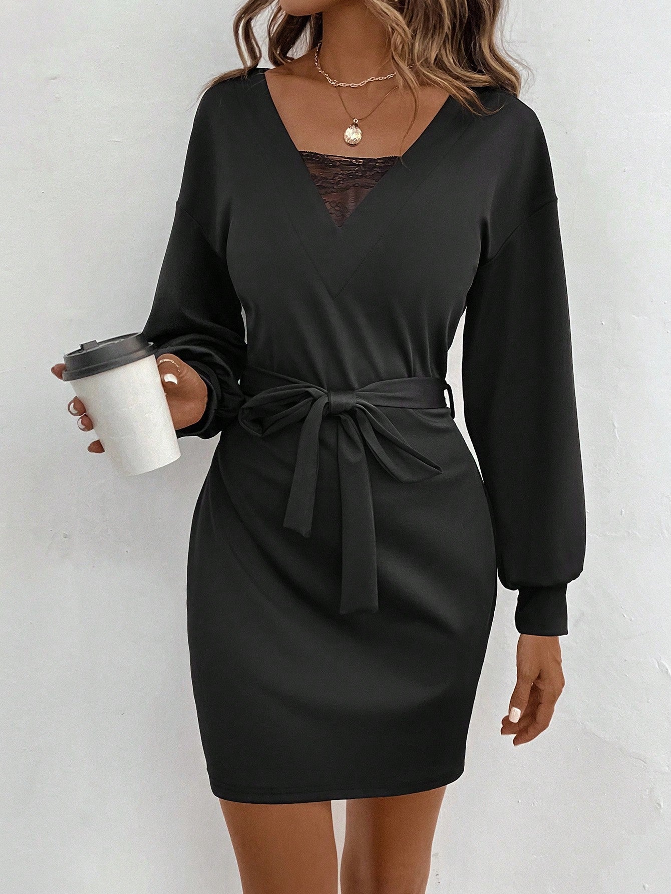 Women'S Lace Patchwork Belted Dress