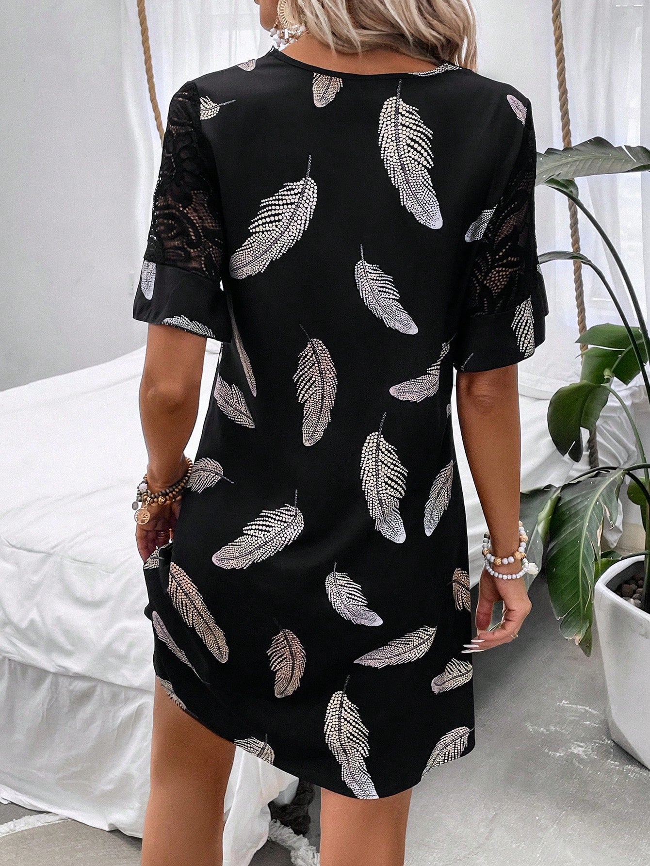 Feather Print Lace Trim Dress