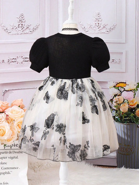 SHEIN Kids CHARMNG Girls' (Little) Contrast Color Butterfly Embroidery Tulle Patchwork Puff Sleeve Poufy Dress