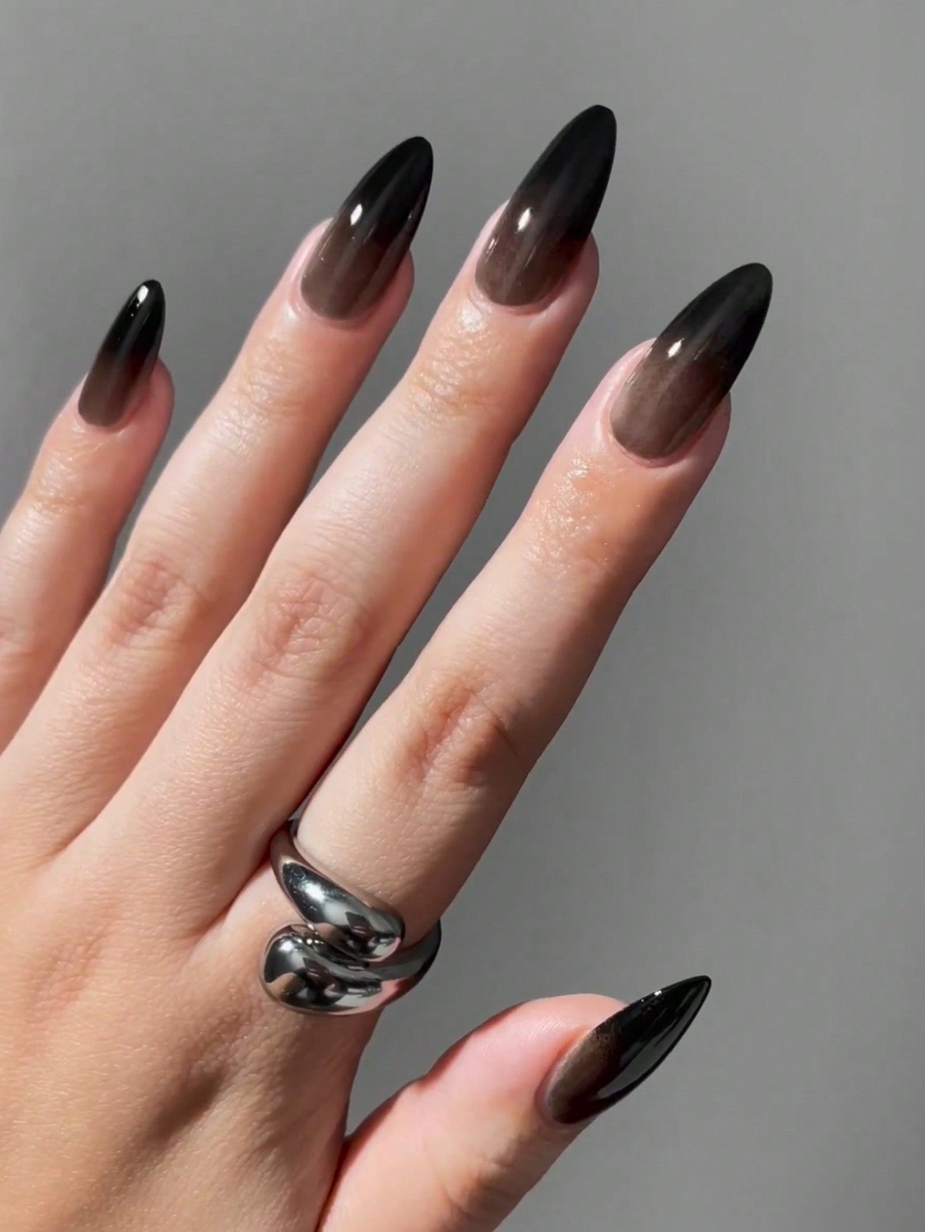 Elevate Your Style With,24Pcs Long Almond Black Gradient Translucency Design Fake Nail Set,Contain 1Pcs Jelly Glue and 1Pcs Nail File, for Daily Wear by Women and Girls