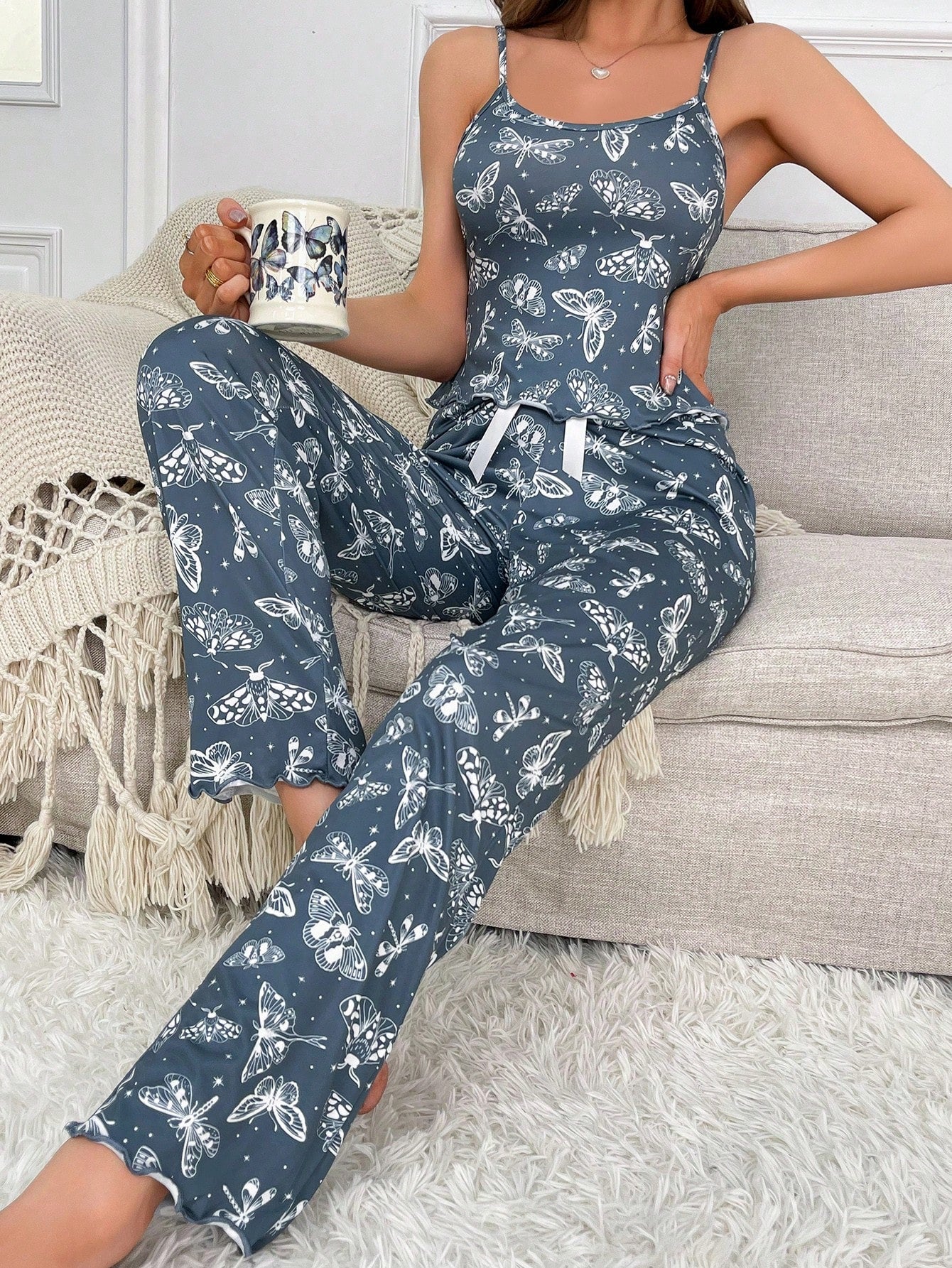 Babi Brunelio Butterfly Print Cami Top with Pants Pajama Set