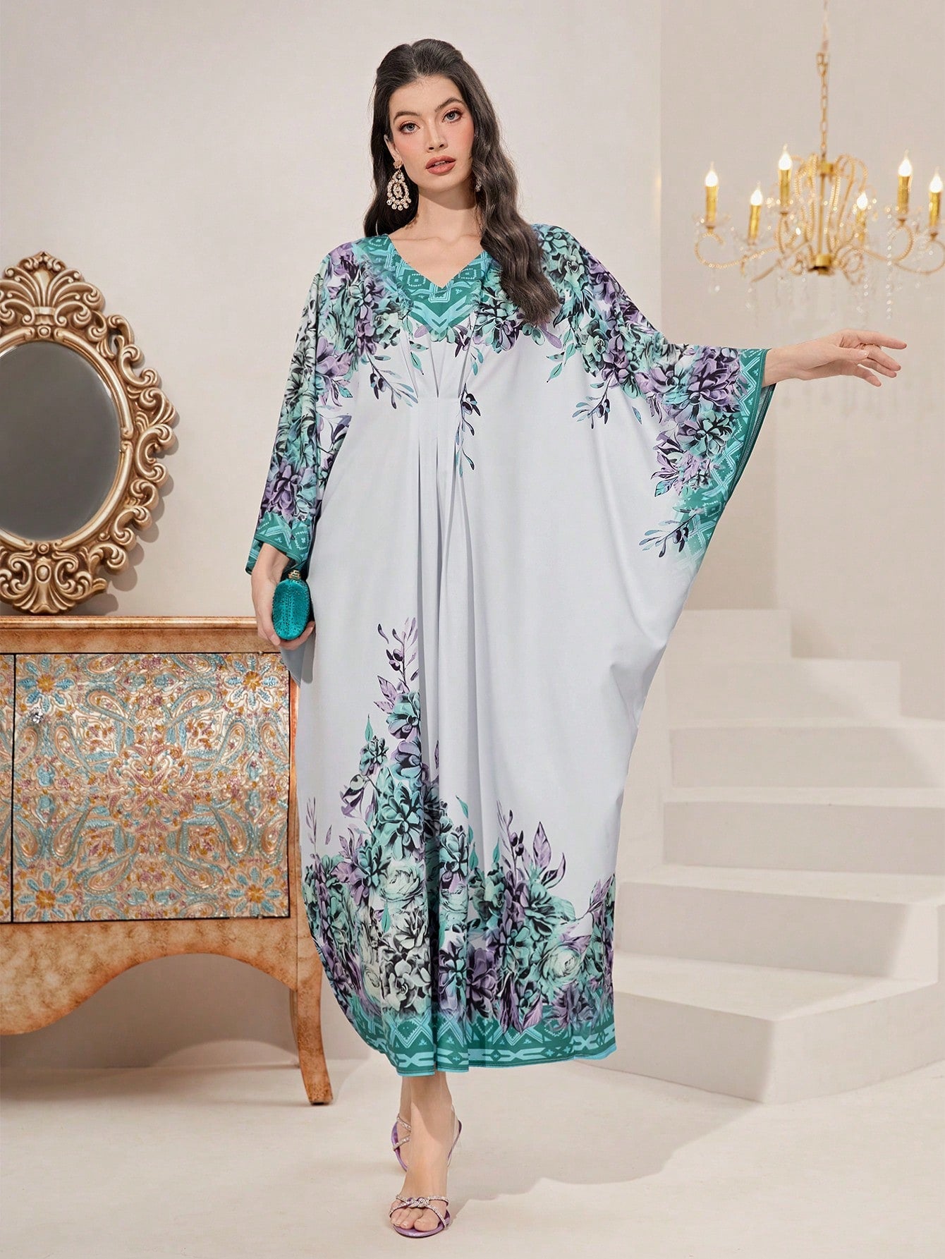 SHEIN Najma Floral Print Batwing Sleeve Kaftan