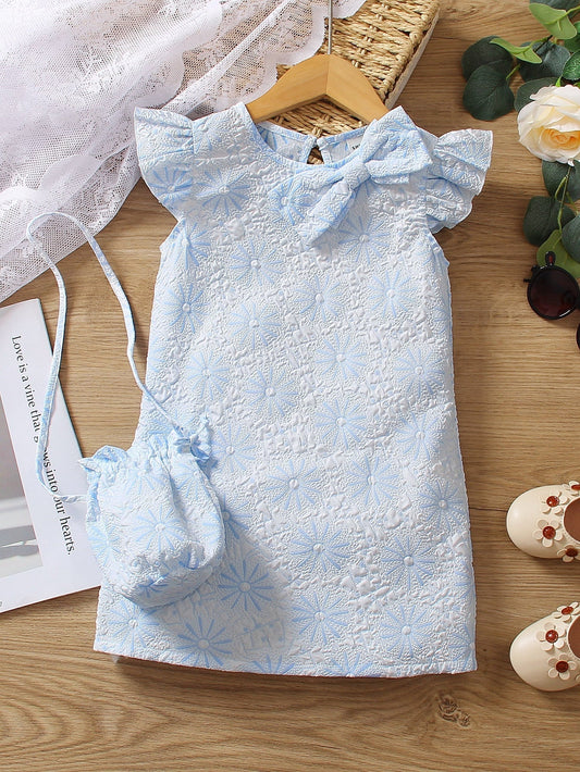 SHEIN Kids SUNSHNE Young Girl Jacquard Ruffle Trim Bow Front Dress with Bag