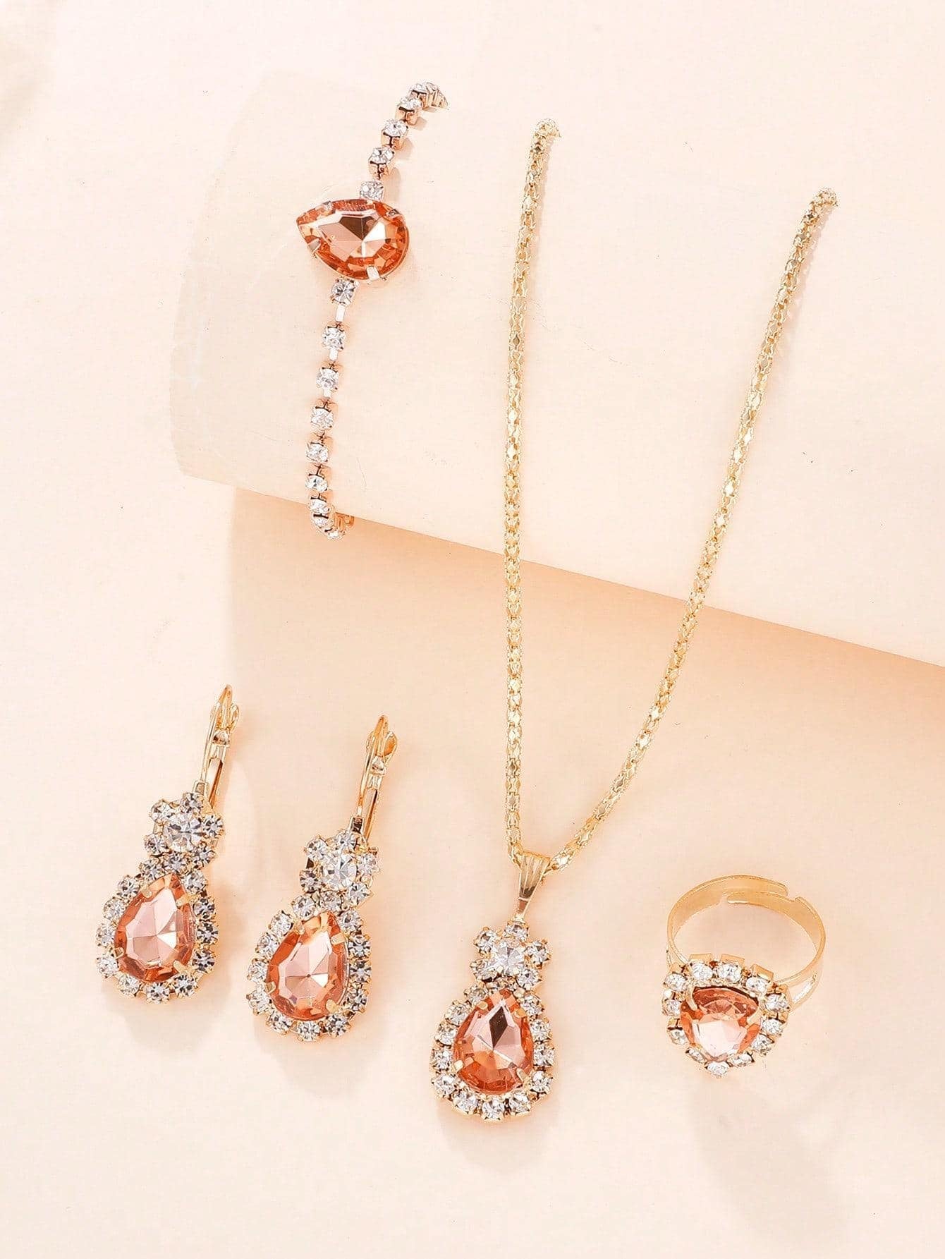5Pcs/Set Glamorous Rhinestone Water-Drop Decor Jewelry Set for Women for Gift