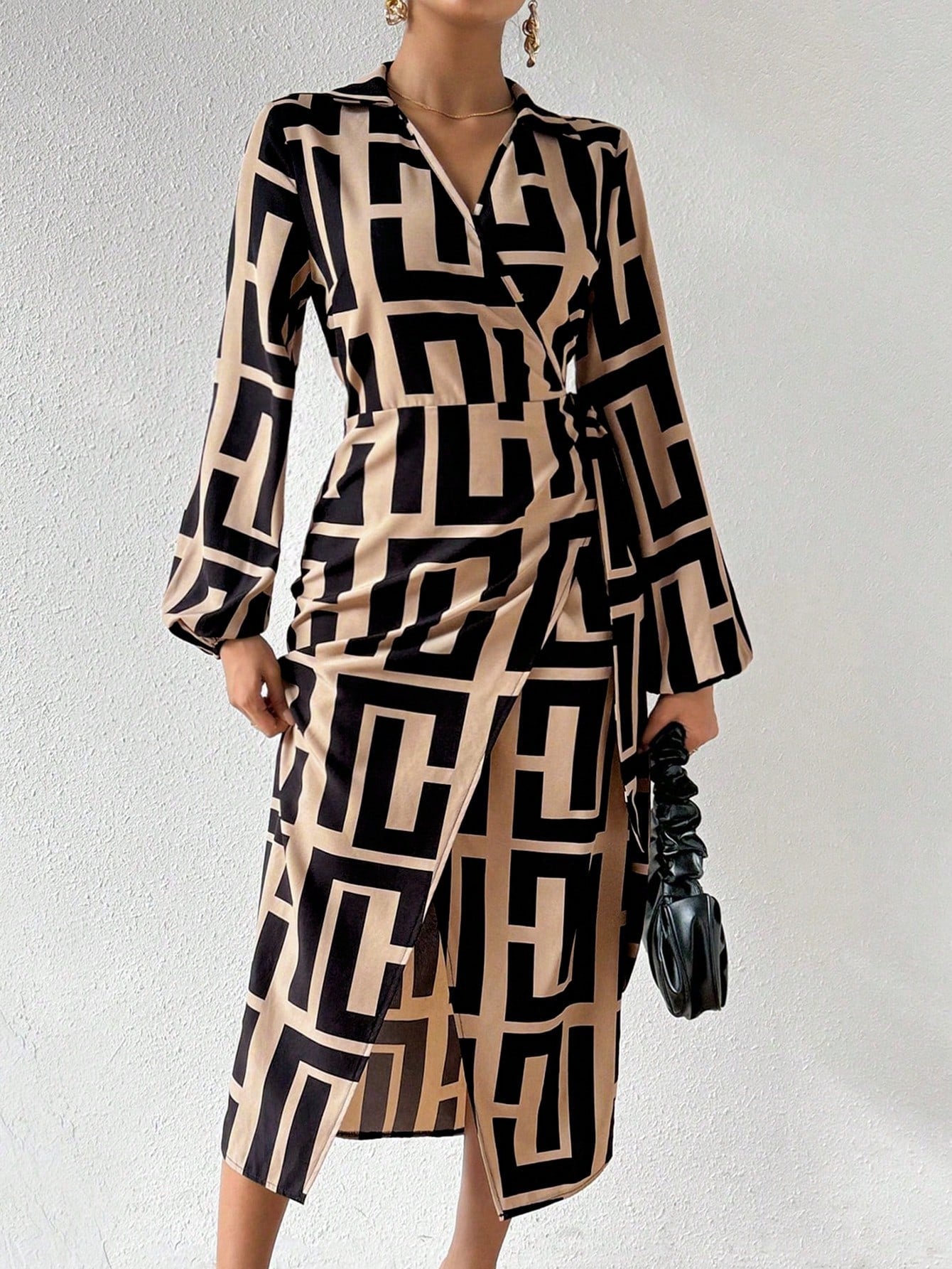 SHEIN Privé Women'S Geometric Printed Wrap Belted Dress