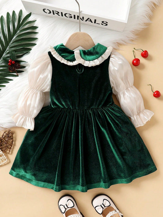 Infant Girls' Color Block Peter Pan Collar Princess Dress with Front Bowknot and Puff Sleeves