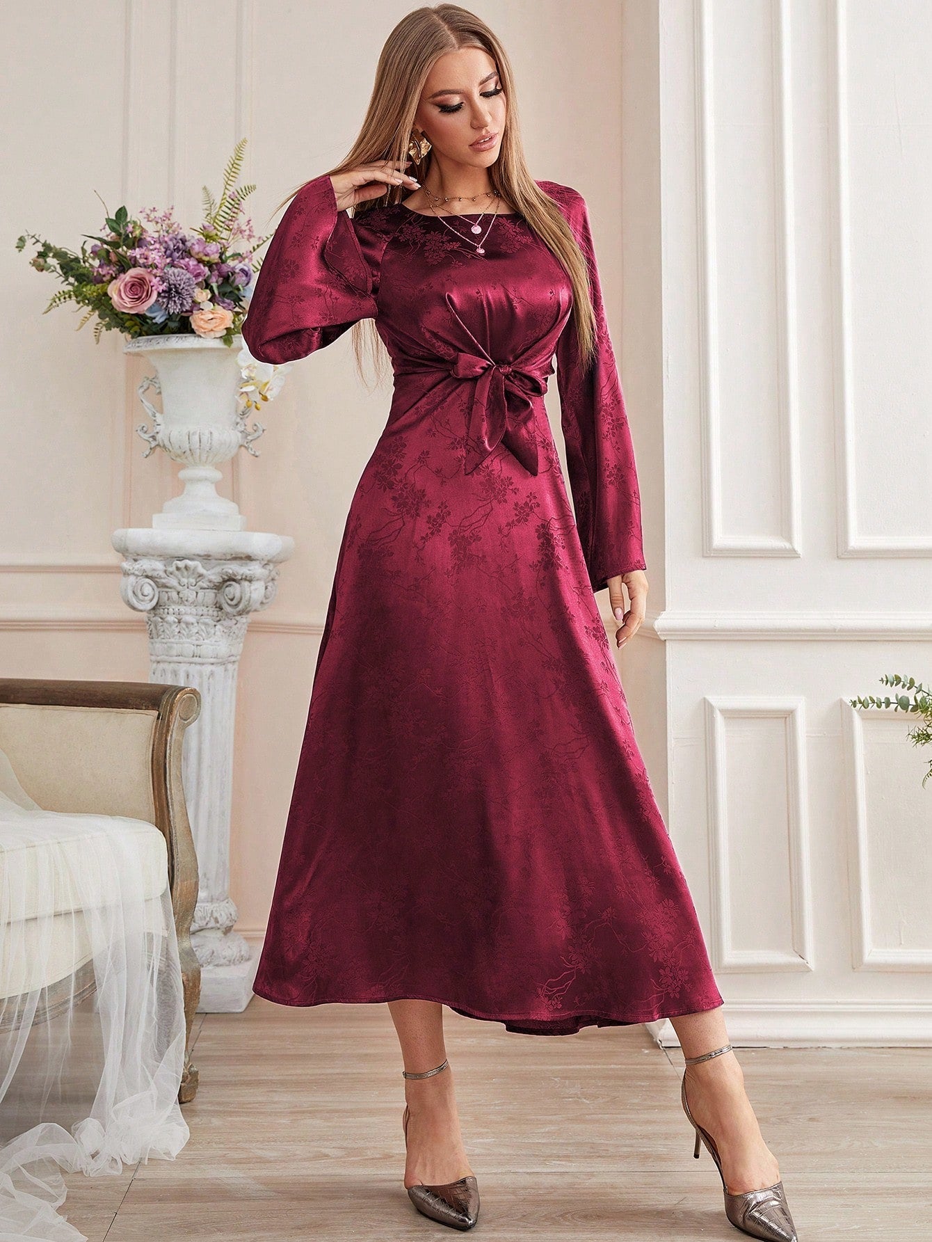 SHEIN Modely Floral Jacquard Flounce Sleeve Belted Dress