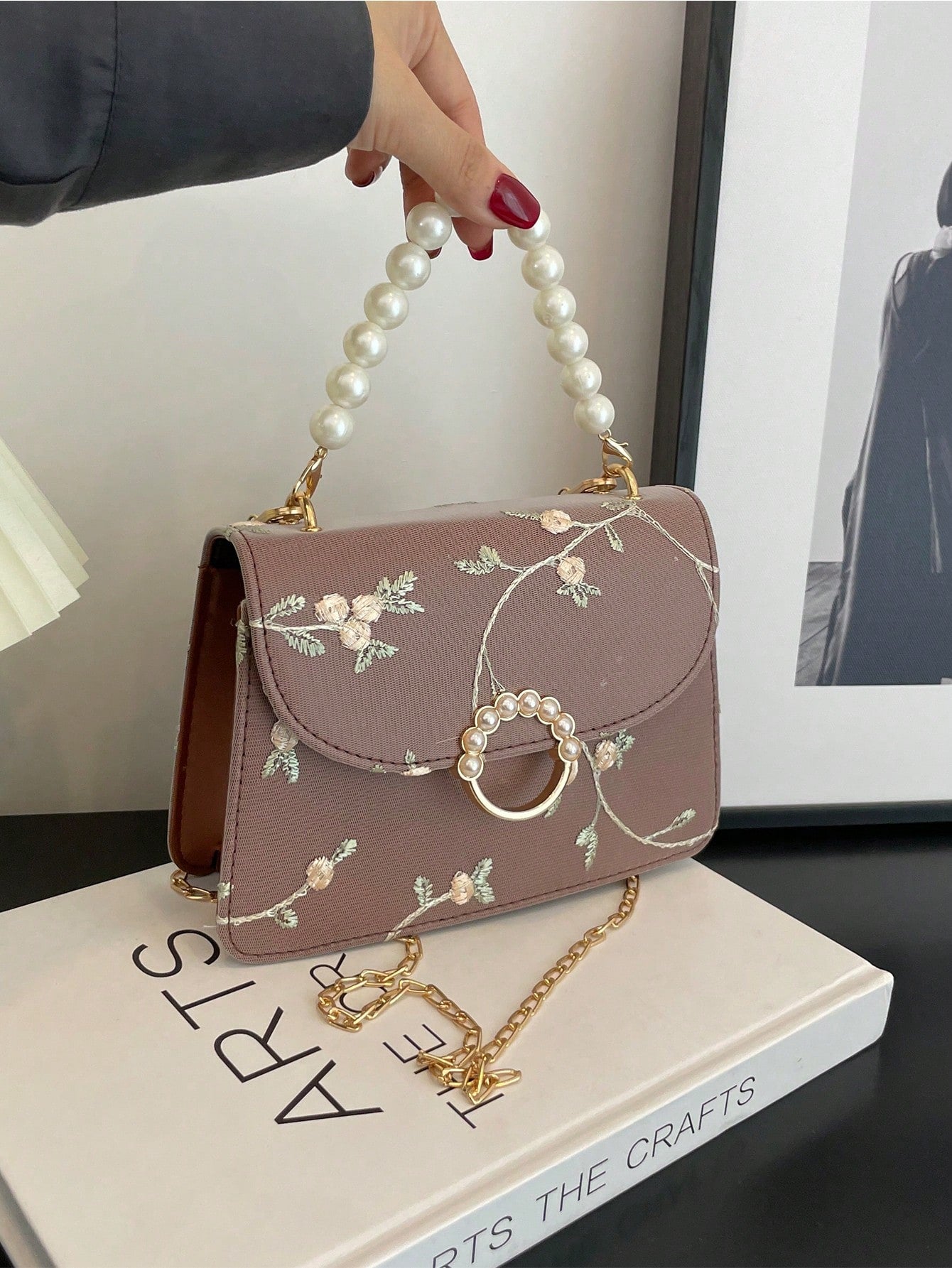 Mini Square Bag Flower Embroidery Faux Pearl Decor Fashionable