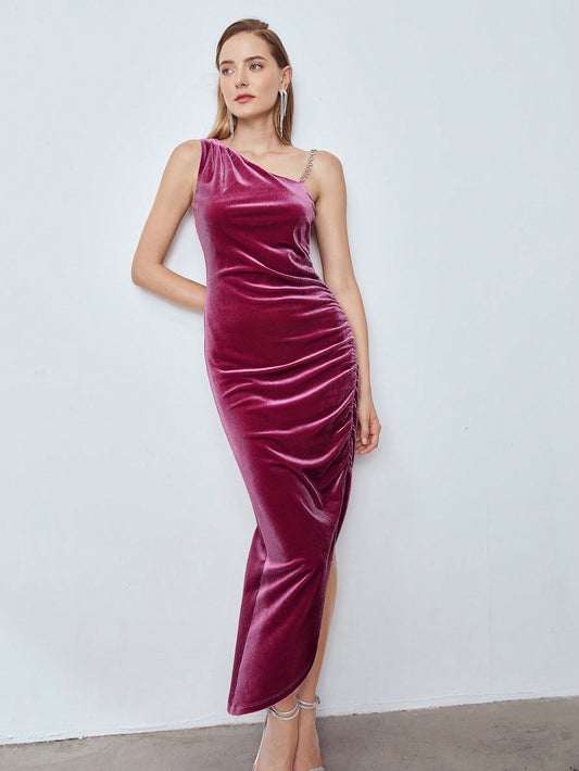 MOTF PREMIUM RUCHED VELVET CHAIN STRAP DRESS