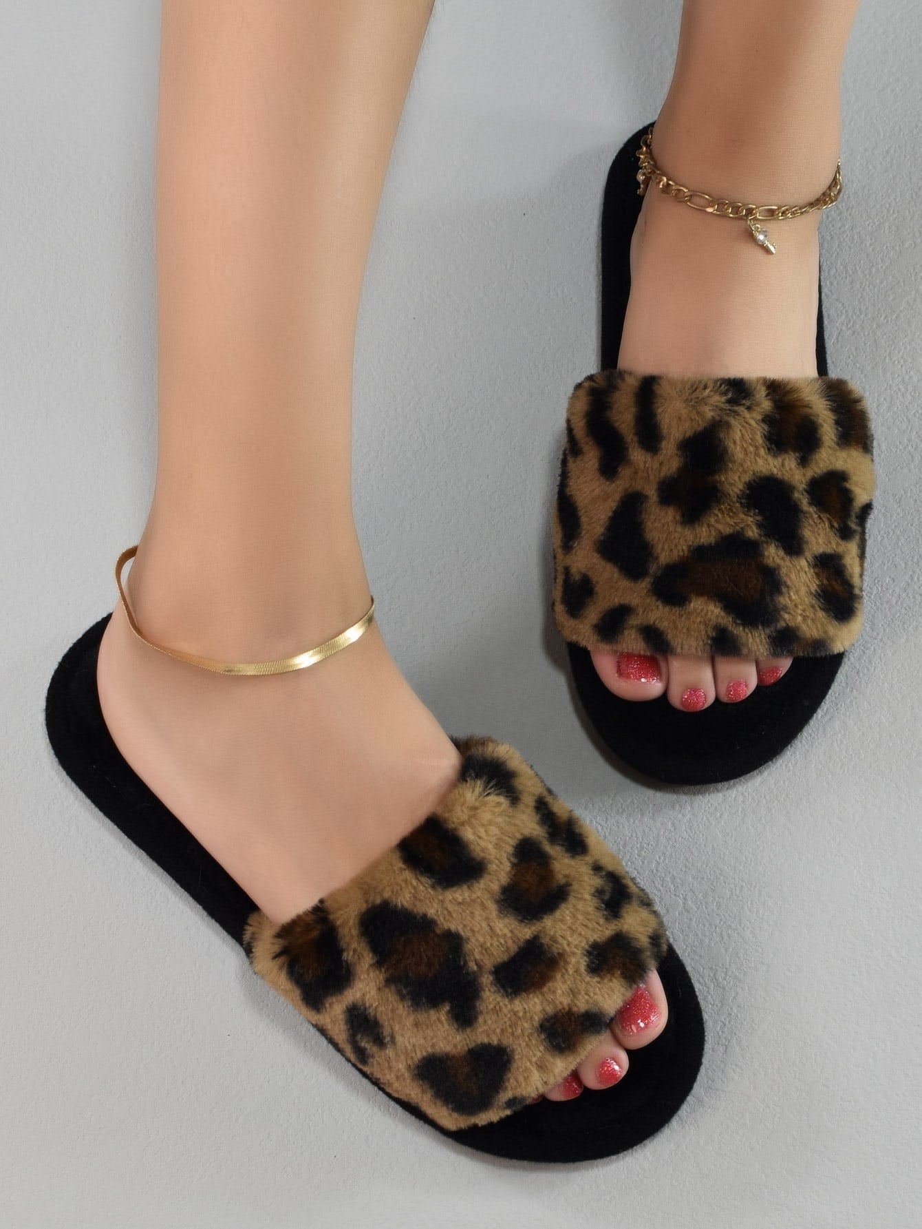 Women Leopard Pattern Fuzzy Bedroom Slippers, Fashionable Open Toe Home Slippers