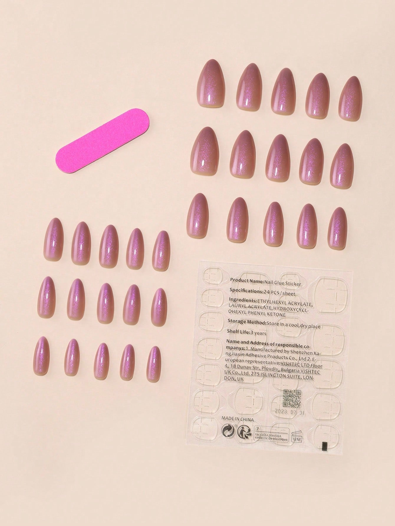30Pcs Sweet Style Long Pointed Purple Laser Sequins False Nails with 1Pc Nail File and 1Pc Jelly Glue Included