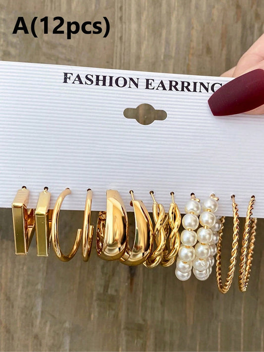 12-24Pcs/Set Fashionable Imitation Pearl Earrings with Metallic Geometric, Twisted Wide Hoop, Perfect for Vacation, Party, Date, and Daily Wear