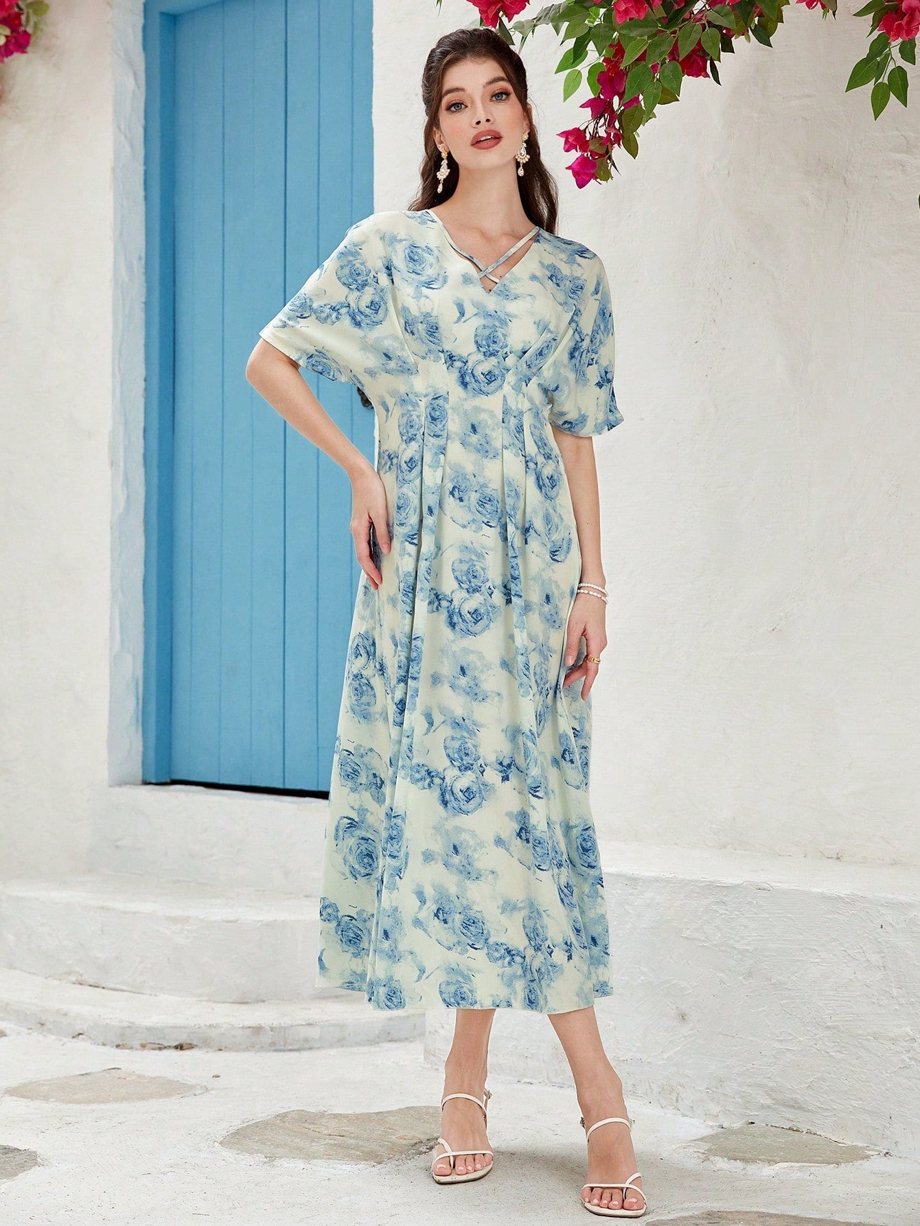 SHEIN Mulvari Floral Print Batwing Sleeve Belted Dress