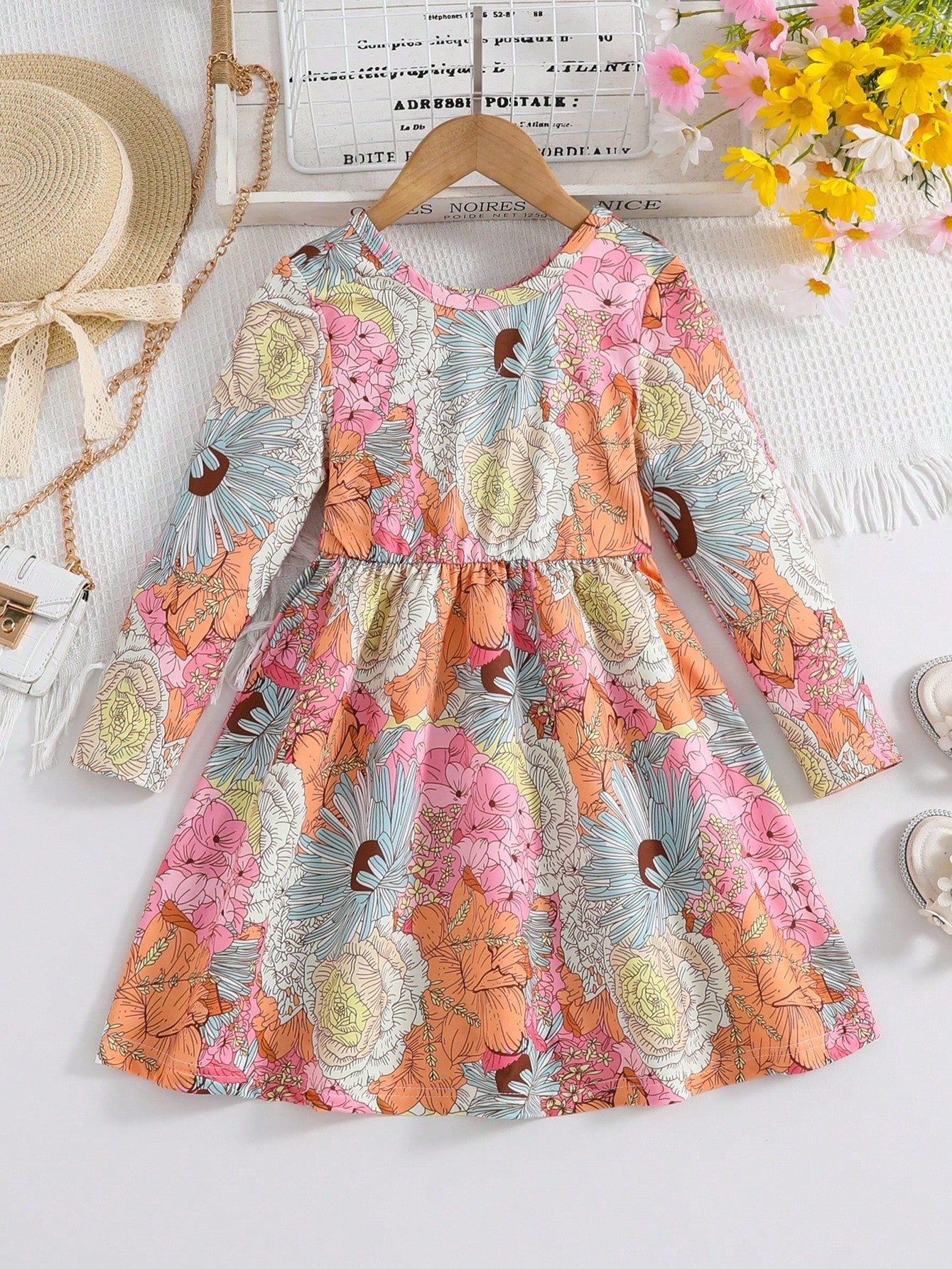 Young Girls' Casual Flower Printed Long Sleeve Dress for Spring and Autumn