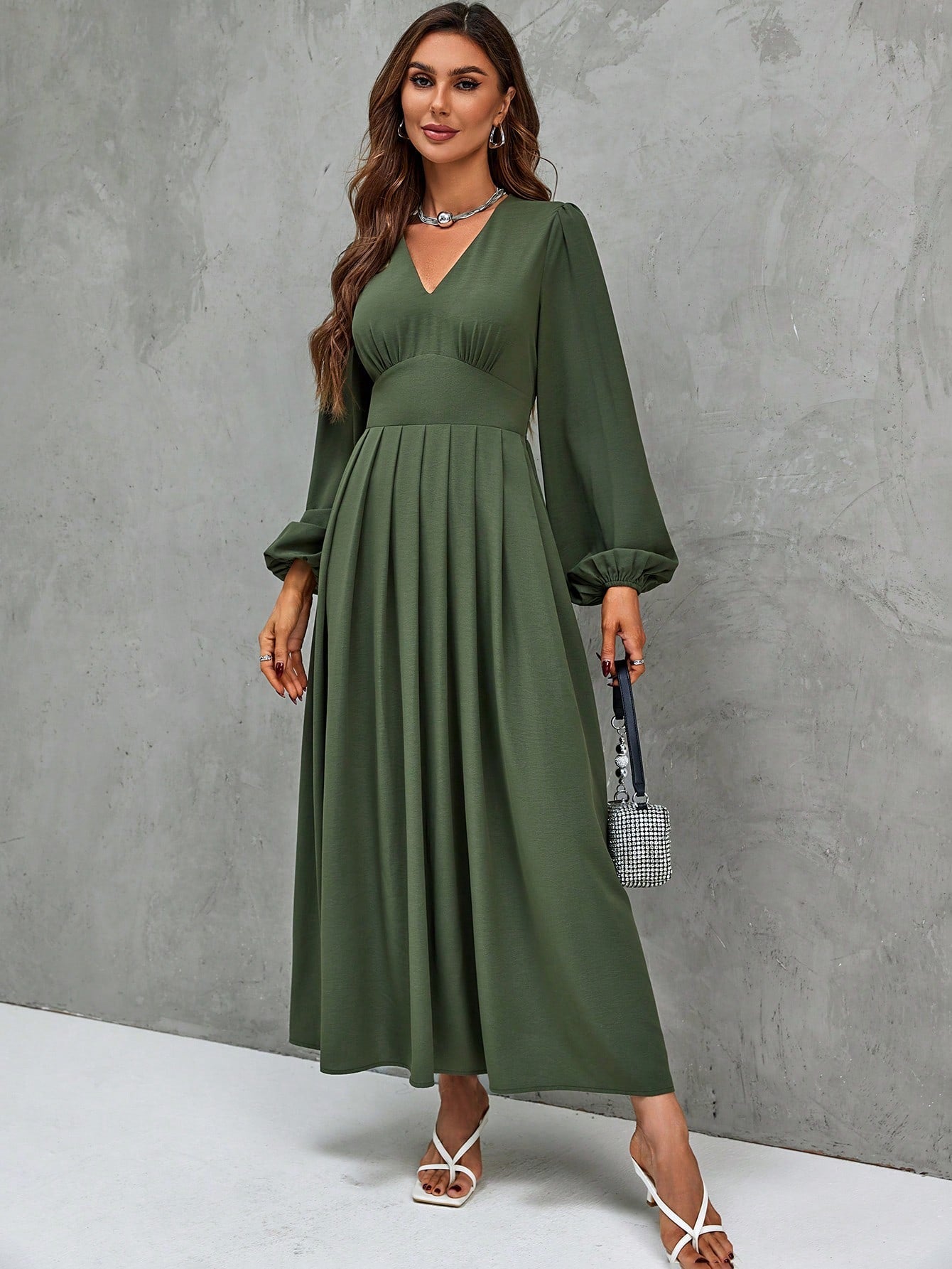 Solid V Neck Lantern Sleeve A-Line Dress