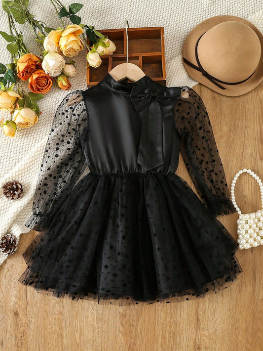 Young Girl Contrast Dobby Mesh Flare Sleeve Mock Neck Dress