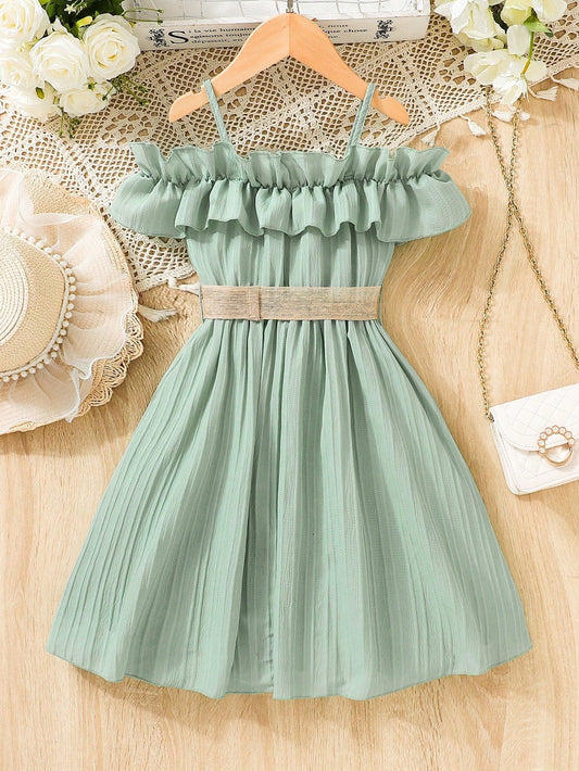 Young Girl Cold Shoulder Ruffle Trim Belted Dress