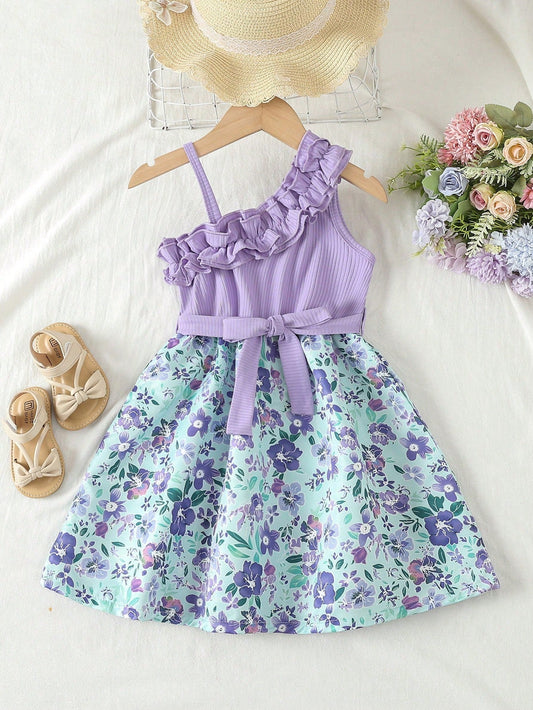 SHEIN Kids EVRYDAY Young Girl Lotus Edge Floral Printed Dress