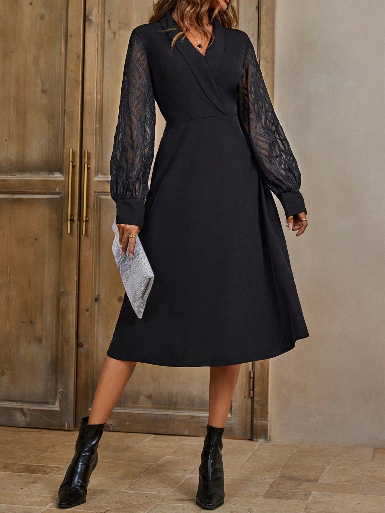 Lantern Sleeve Shawl Collar Dress