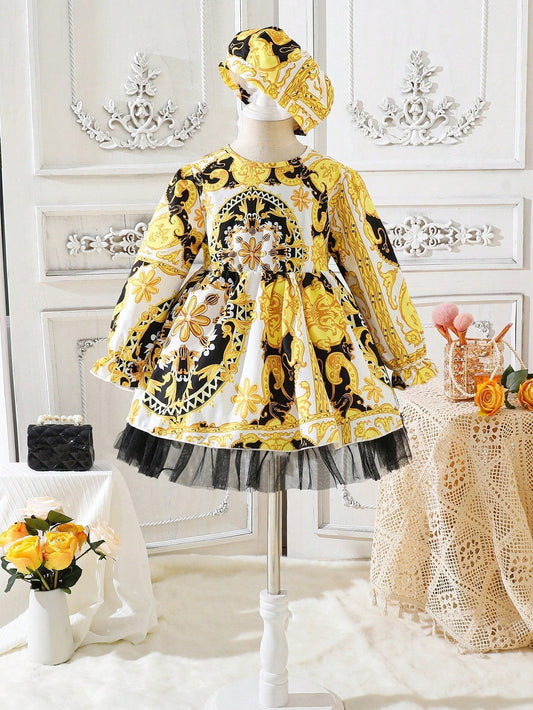 Young Girl Floral Print Flounce Sleeve Ruffle Hem Dress with Hat