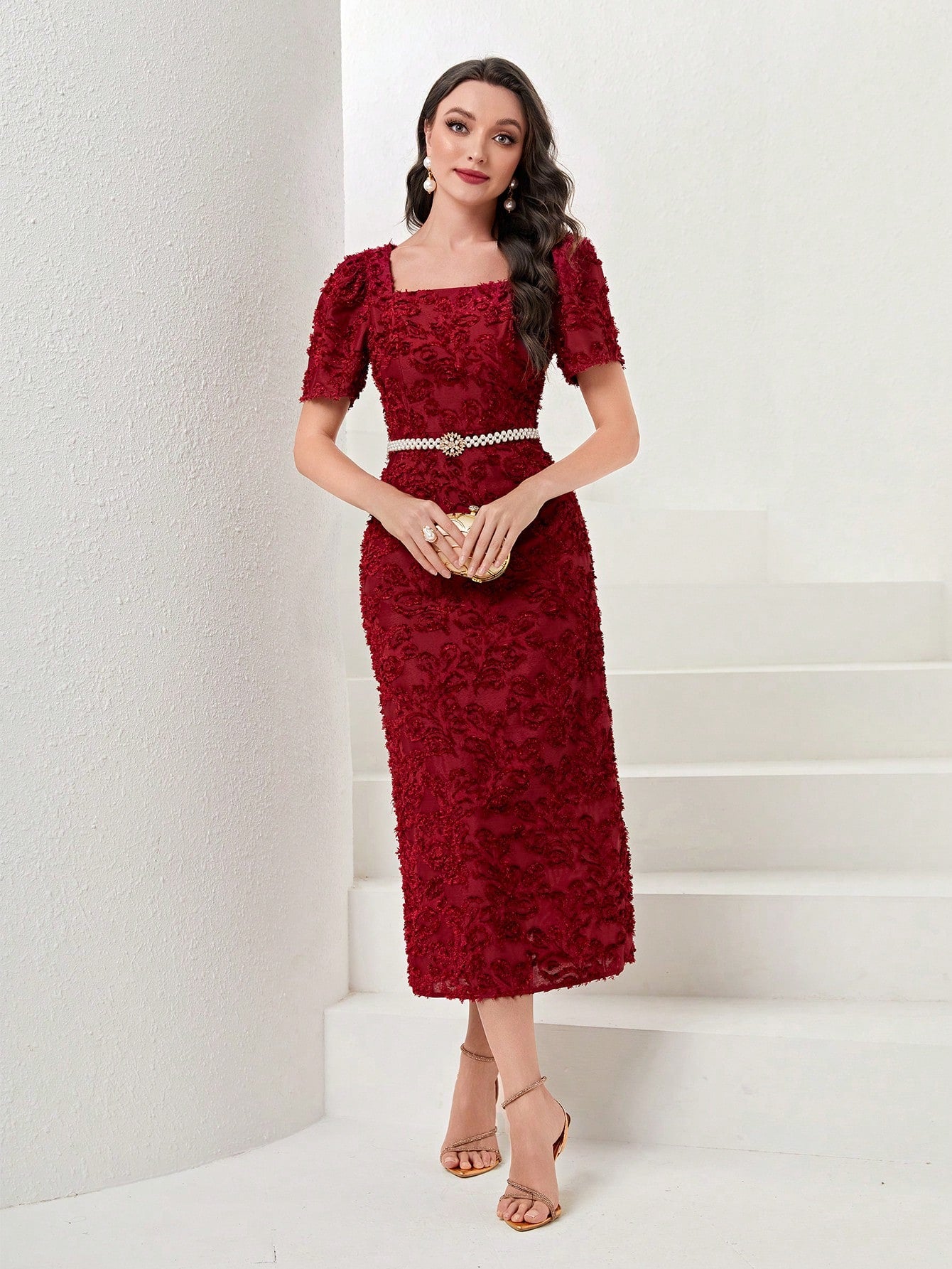 SHEIN Modely Square Neck Puff Sleeve Fitted Dress without Belt