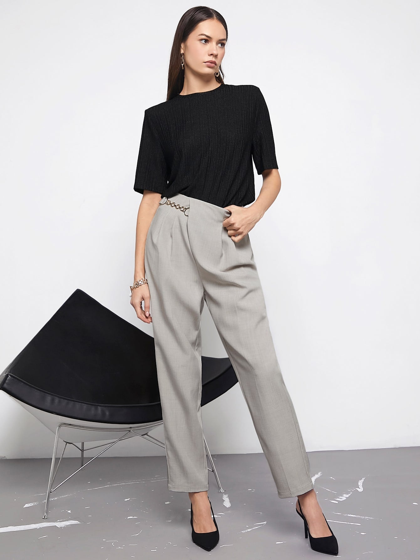 SHEIN Maija High Waist Chain Detail Pants Workwear