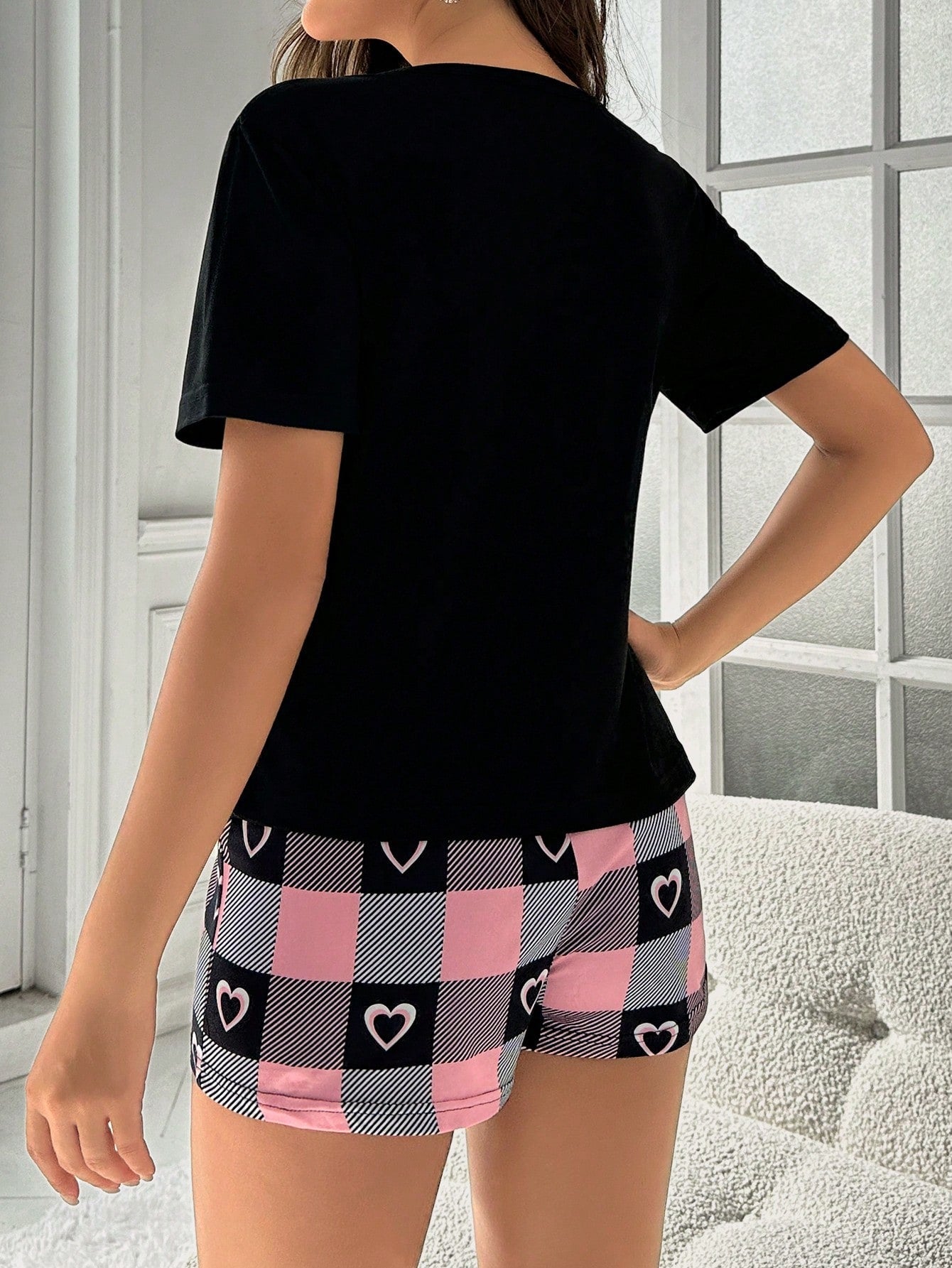 SHEIN Heart & Letter Printed Short Sleeve T-Shirt and Plaid Shorts Pajama Set