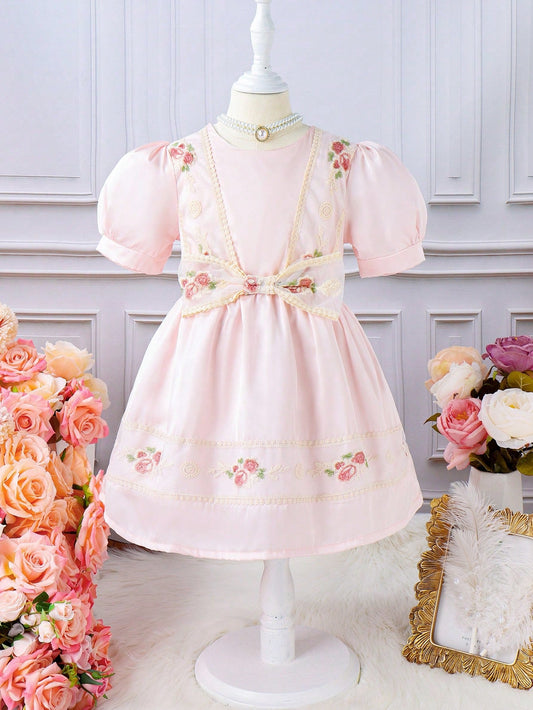 SHEIN Kids SUNSHNE Toddler Girls Floral Embroidery Puff Sleeve Dress