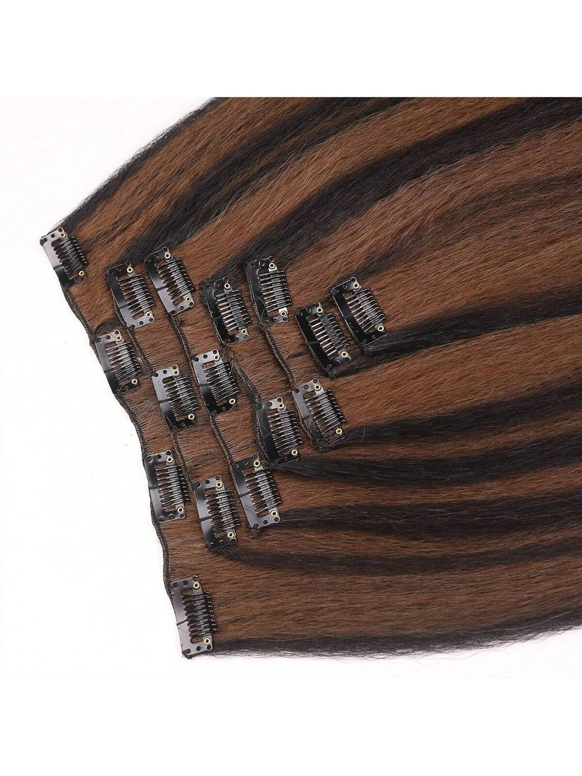 7 Pieces Kinky Straight Clip in Hair Extensions Brown Blend Hair Extensions Clip Ins for Women Synthetic Yaki Straight Clip in Hair Extensions