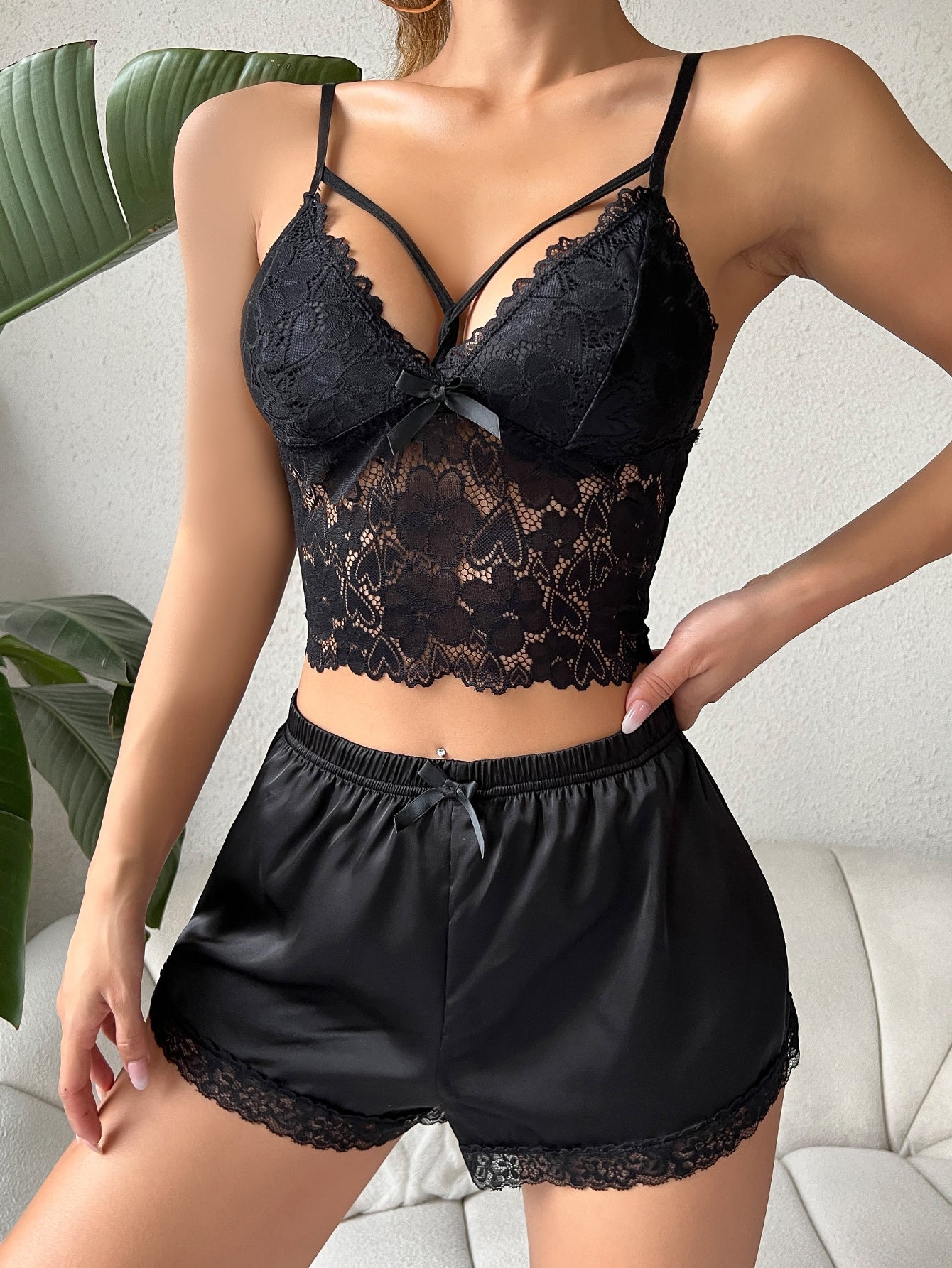 Contrast Lace Cut Out Satin Cami PJ Set