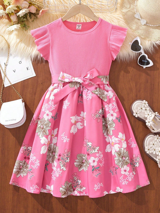 SHEIN Kids SUNSHNE Tween Girls' Floral Printed Belted Dress