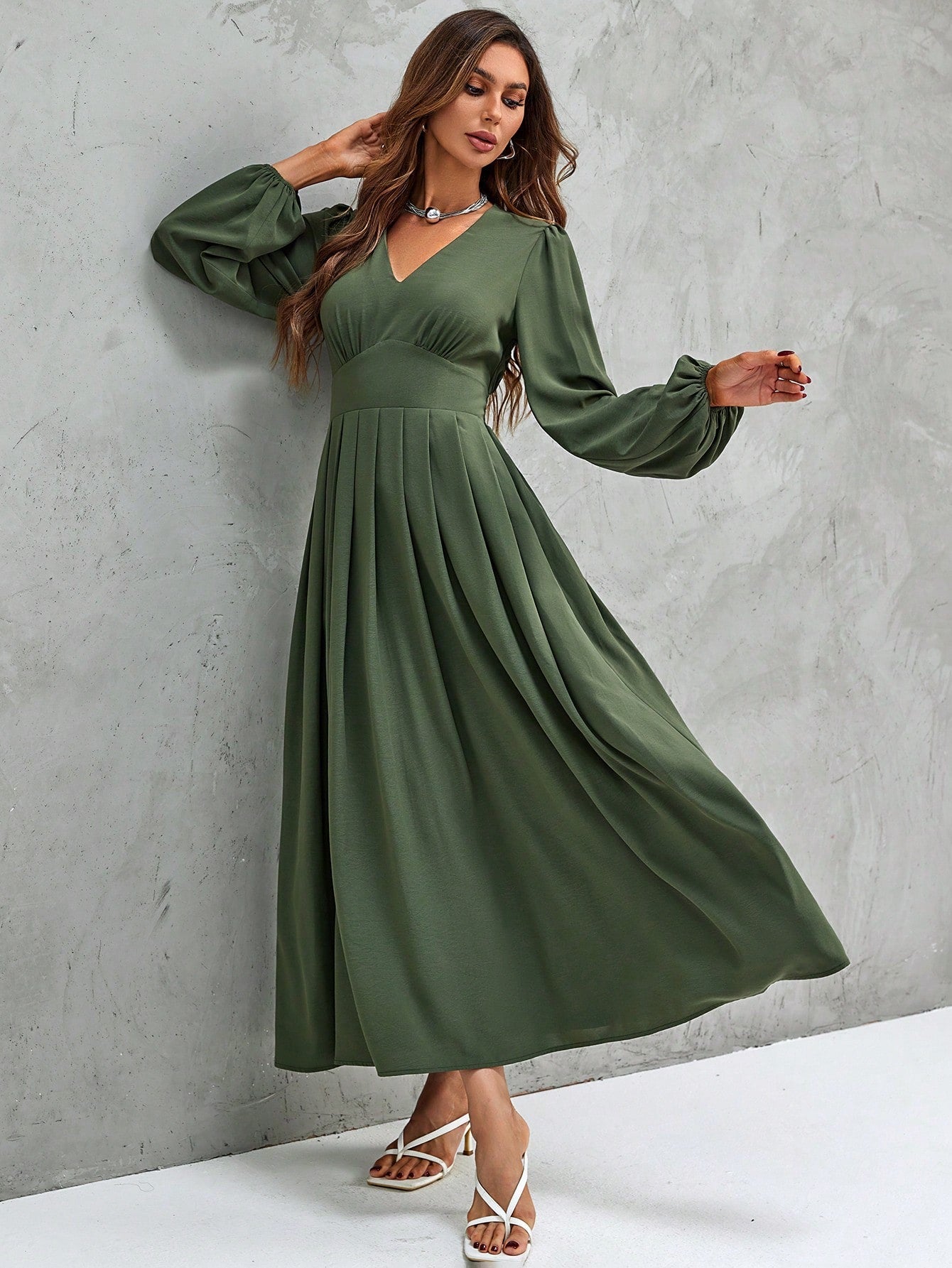 Solid V Neck Lantern Sleeve A-Line Dress