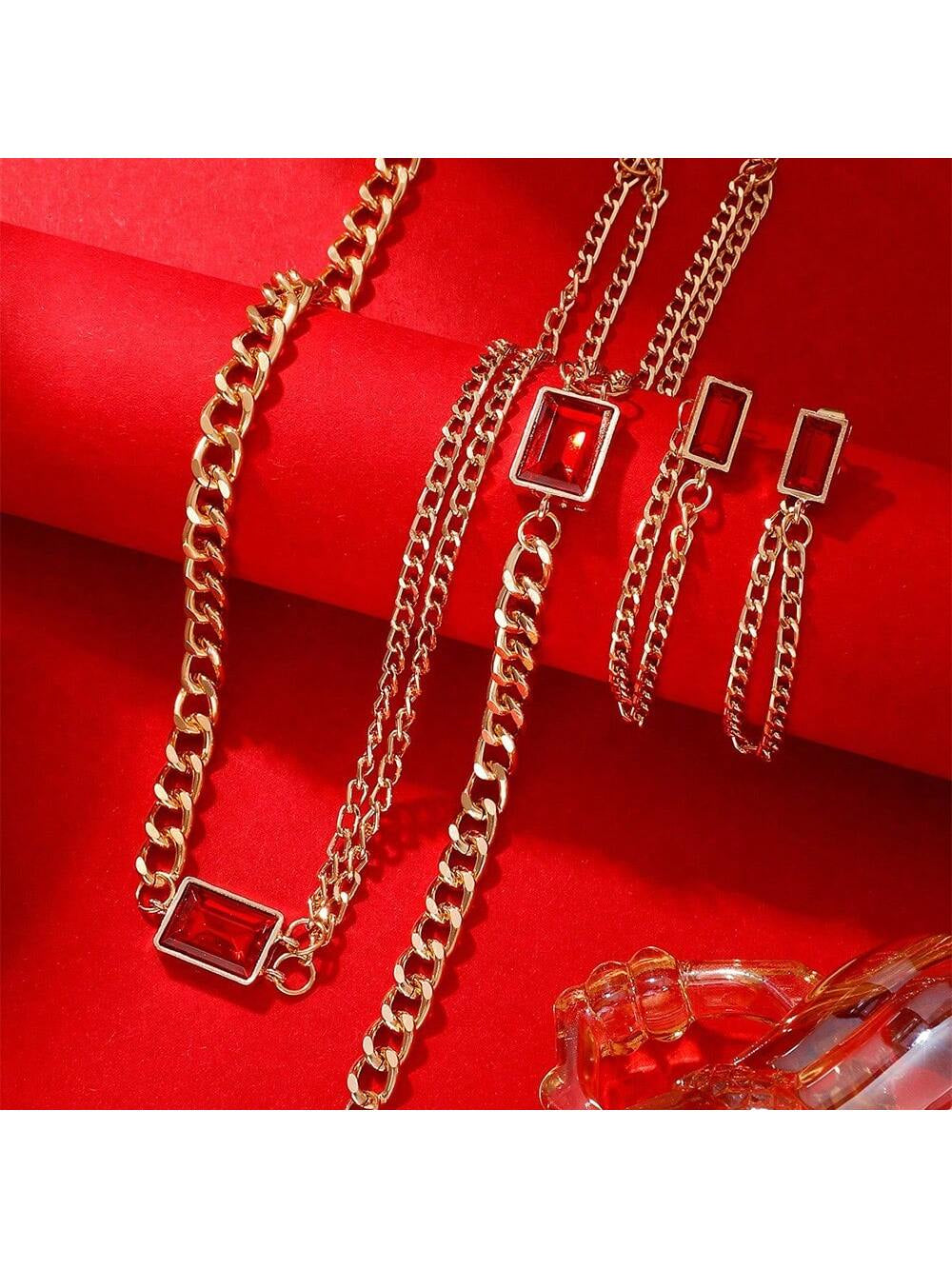 4Pcs/Set Women'S Exquisite Double Layered Necklace, Bracelet, Earrings Set